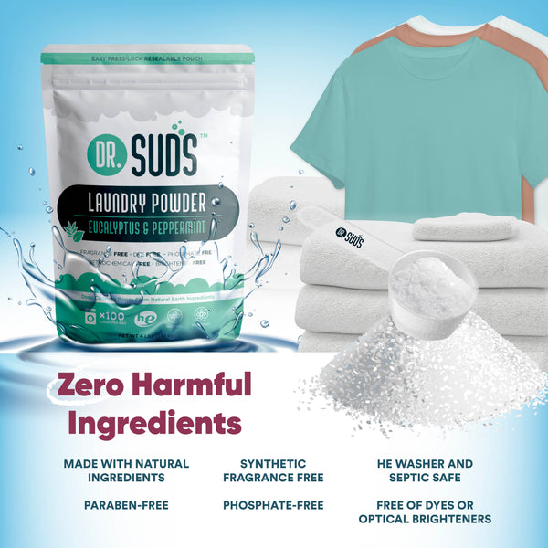 Dr Suds Laundry Powder - Variety 3 Pack (192 oz Total) Three 64 oz Pouches  - Unscented, Lavender, Eucalyptus (3) 
